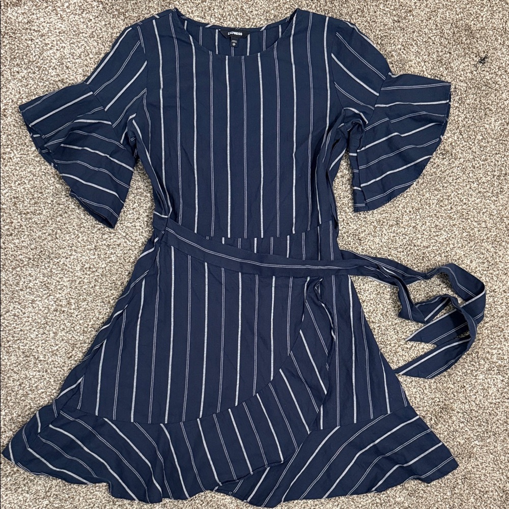 Express Navy and White Striped Long Sleeve Dress
